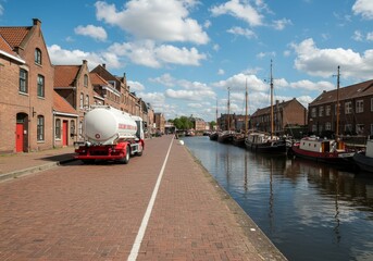 Historic canal street scene with traditional boats and a service vehicle.