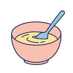Pink bowl with yellow liquid and blue spoon