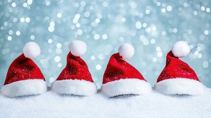 Four red Santa hats with white fur on the brim, snowy background adorned with sparkling lights, enchanting and festive atmosphere for a Christmas or New Year's celebration.