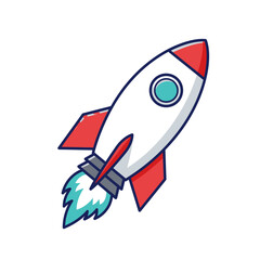 Red and white cartoon rocket ship launching with bright teal exhaust flames and a porthole window.