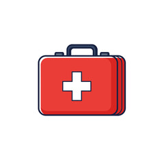 Red medical briefcase with a white cross, dark blue handle, and latches. Flat design illustration.
