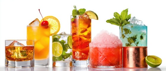 The vibrant collection of refreshing cocktails served over ice.