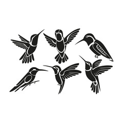 Obraz premium Six stylized black hummingbirds in flight and perched 2