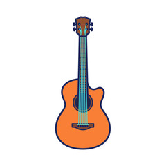Fototapeta premium Stylized orange acoustic guitar with a cutaway body, blue strings, and dark blue outline.