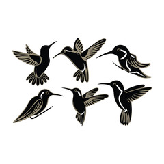 Fototapeta premium Six stylized black hummingbirds with gold accents flying