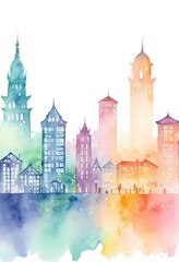 Obraz premium Charming watercolor depiction of Chinatown's vibrant buildings, showcasing a fusion of traditional and modern architecture bathed in soft hues Generative AI