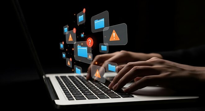 Navigating Digital Risks: A User Faces Security Alerts While Working on a Laptop, Data Security and Awareness: A Visual Representation of Cyber Threats and Protection Measures