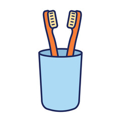 Two orange toothbrushes with white bristles in a light blue holder