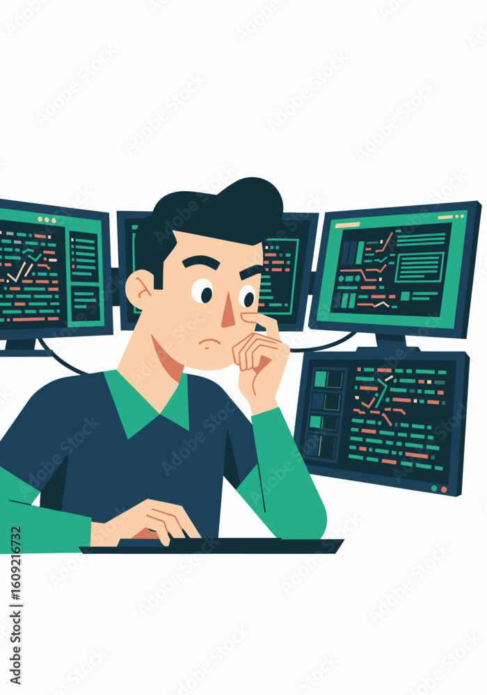 Wall mural a focused programmer thoughtfully analyzes complex code on multiple computer monitors.