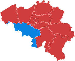 Obraz premium Belgium map. Map of belgium with one region highlighted in blue isolated on white background.