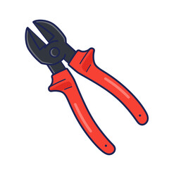 Vibrant red handled black bolt cutters, a sturdy cartoon vector illustration with ergonomic grip.