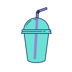 Vibrant teal to-go cup with a domed lid and a purple flexible straw.
