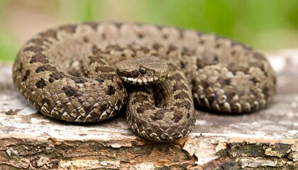 Fototapeta premium Detailed close-up of a coiled adder snake resting on a textured tree trunk