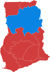 Obraz premium Ghana ghana. Ghana map with regions highlighted in red and blue isolated on white background.