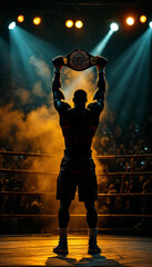 Victorious boxing champion silhouetted in arena ring with belt raised high.
