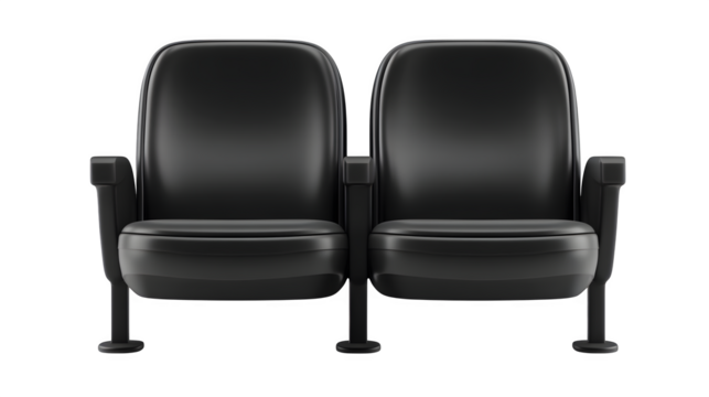 Two audience seats in bold black icon form, front view, transparent background,