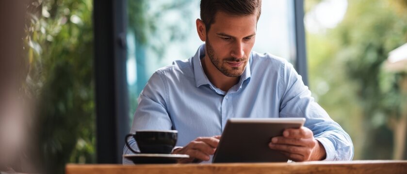 The man using a tablet while enjoying coffee in a modern cafe setting.