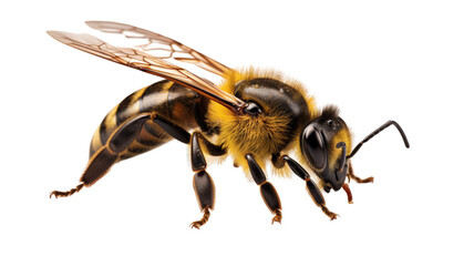 Detailed close-up of a fuzzy bee with intricate wings poised for flight, capturing nature's industrious spirit.