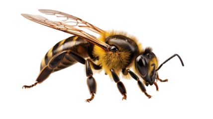 Detailed close-up of a fuzzy bee with intricate wings poised for flight, capturing nature's industrious spirit.