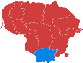 Lithuania lithuania. Lithuania map with one region highlighted in blue isolated on white background.