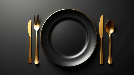 A sophisticated black plate surrounded by golden cutlery, including a knife, fork, and spoon, creating an elegant and luxurious dining setting