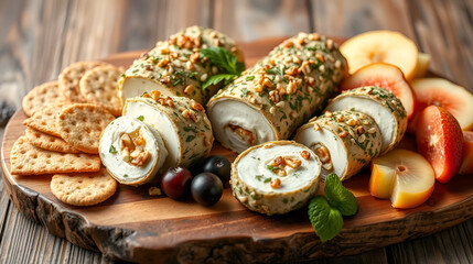 Creamy goat cheese logs rolled in fresh herbs and nuts, served on a rustic wooden board with crackers and slices of fruit
