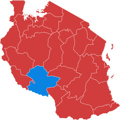 Tanzania map. Map of tanzania highlighting a specific region in blue isolated on white background.