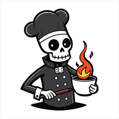 Skeleton dressed as a chef, holding a flaming bowl and a cooking utensil, ready to prepare a fiery dish