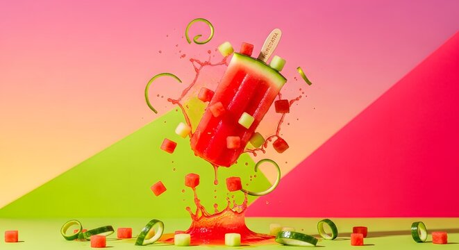 A watermelon popsicle with cubes of watermelon and cucumber slices in a colorful background scene - Powered by Adobe