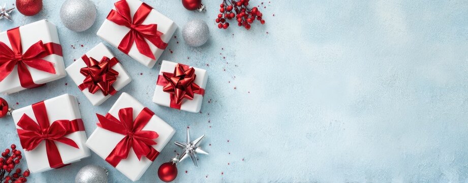 The festive arrangement of beautifully wrapped presents and decorations for Christmas. - Powered by Adobe
