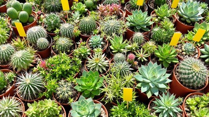 Obraz premium Variety of Succulents and Cacti in Terracotta Pots