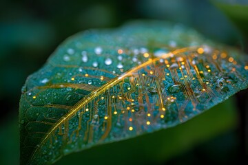 Macro Image of Futuristic Circuit-Inspired Leaf with Dew Drops – Nature Meets Technology