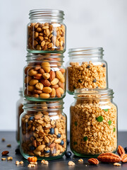Glass jars with Superfoods nuts and cereals stacked on top of each other