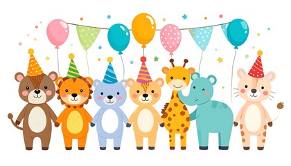 Naklejka premium Cute cartoon animals in party hats, holding hands, under a garland of balloons and streamers