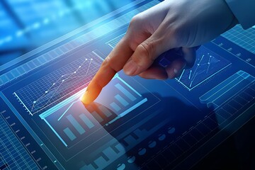 A finger interacts with a digital display showing financial charts and analytics