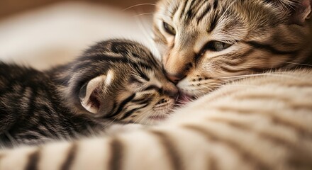 A Bengal cat mother tenderly grooming her tiny, newborn kitten.