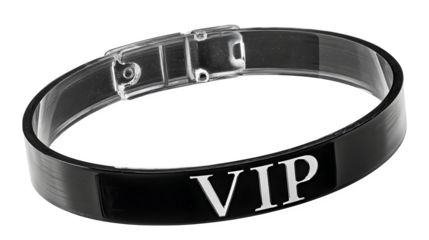 Bold wristband silhouette with "VIP" engraved, black on transparent background,