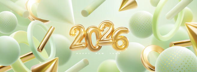 Happy New 2026 Year. Holiday vector illustration of golden numbers 2026, abstract green and golden geometric 3d shapes. Festive poster or banner design. New year or Christmas party invitation template