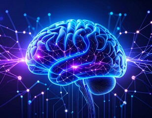 Digital Brain Scan: Glowing Neural Pathways & Intricate Web. Abstract Thought, AI, & Human Consciousness Concept