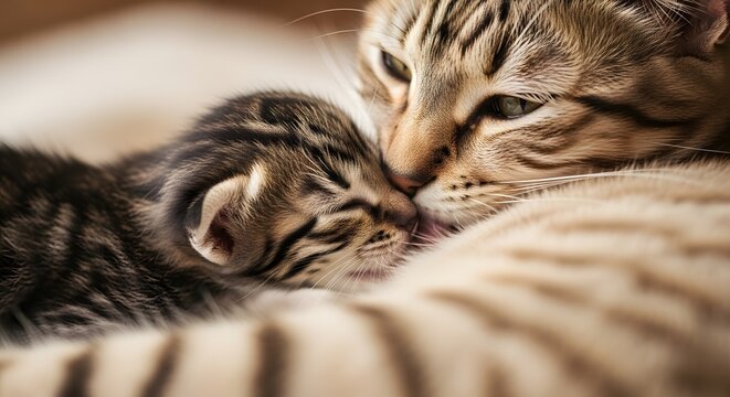 A Bengal cat mother tenderly grooming her tiny, newborn kitten. - Powered by Adobe