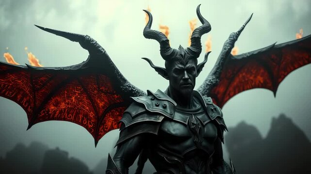 Cinematic Portrait of a Demonic Warlord with Glowing Infernal Wings and Armor