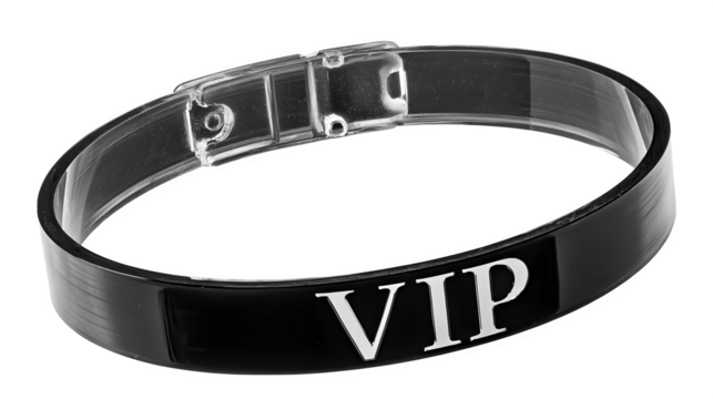 Bold wristband silhouette with "VIP" engraved, black on transparent background, - Powered by Adobe