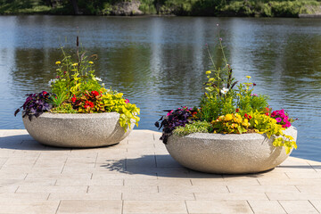 stone flower bed in city park, close-up. outdoor stone vase. flower bed in the park. 