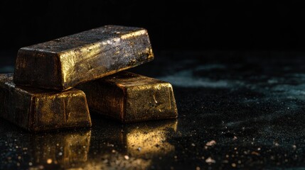 Golden gold bars stacked dark background