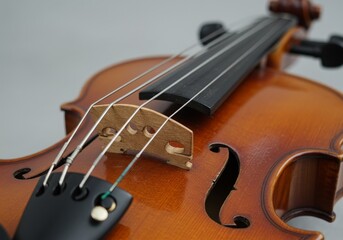 Detailed view of a varnished wooden violin with strings and bridge.