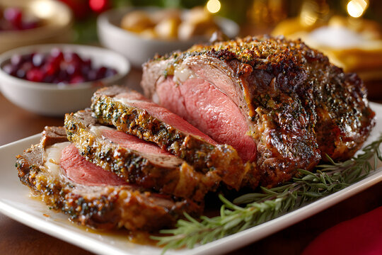 Home made herb crusted prime rib roast carved and ready to serve