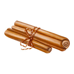 Two cinnamon sticks tied with string, hand-drawn in watercolor style, create a warm and cozy autumn mood. Perfect for seasonal decor, packaging, and food-related designs.
