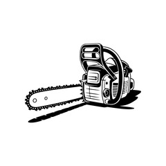 Illustration of chainsaw isolated on white background. Design element for emblem, sign, badge. Vector illustration