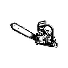 Illustration of chainsaw isolated on white background. Design element for emblem, sign, badge. Vector illustration