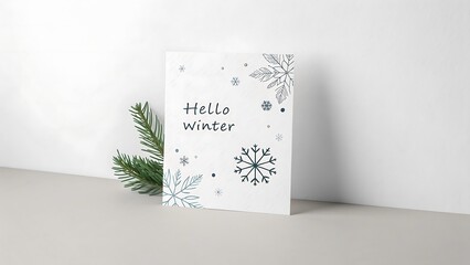 Hello winter card with snowflake decorations and pine branch